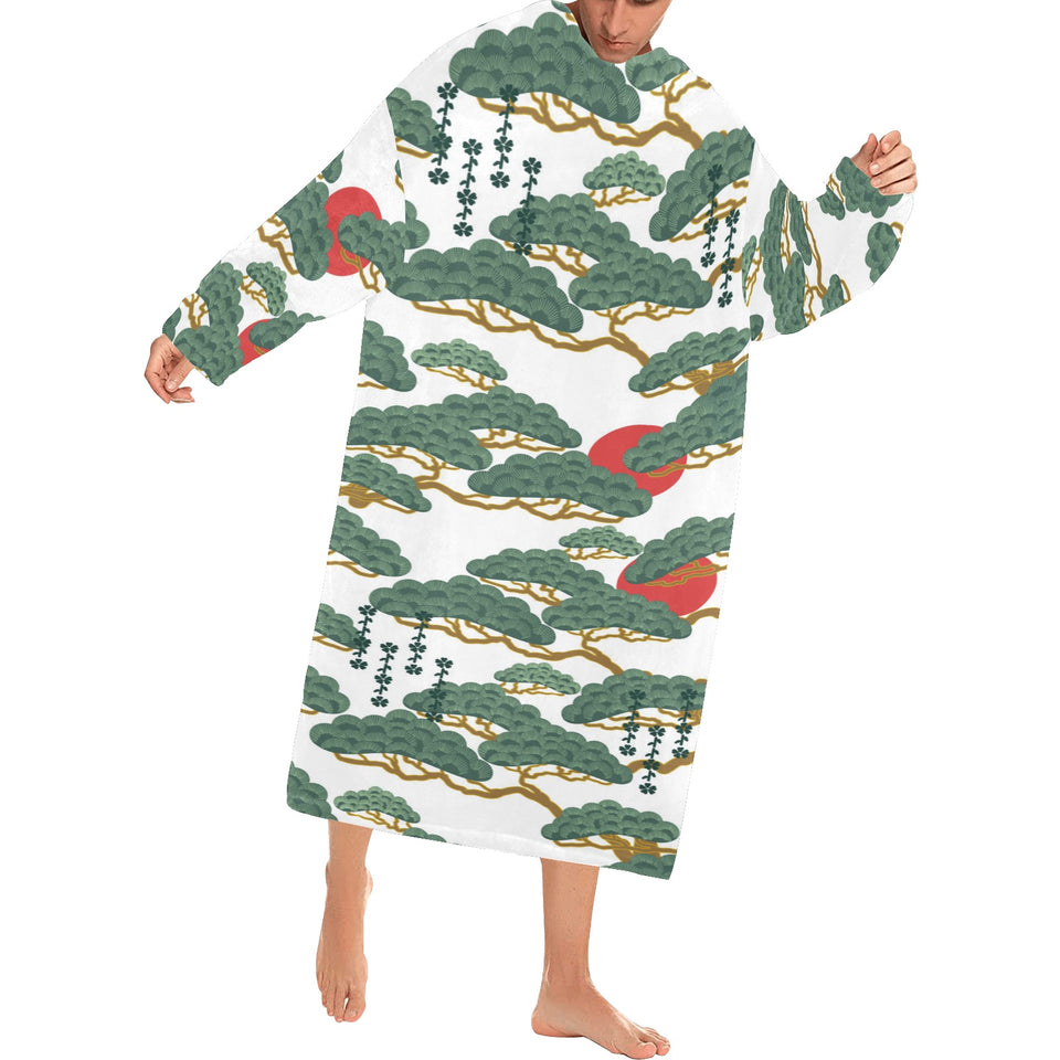 Bonsai red sun japanese pattern Blanket Robe with Sleeves