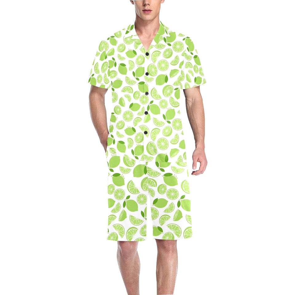 Lime design pattern Men's V-Neck Short Pajama Set