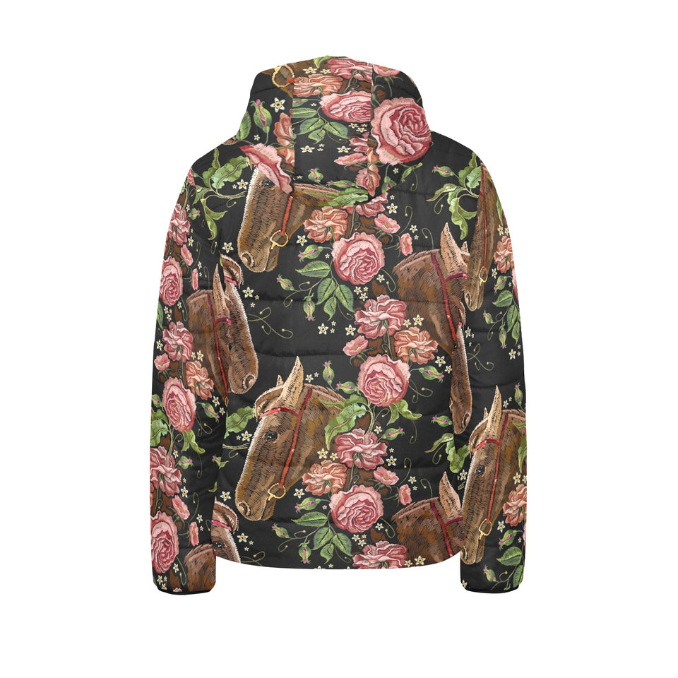 Horse head wild roses pattern Kids' Boys' Girls' Padded Hooded Jacket