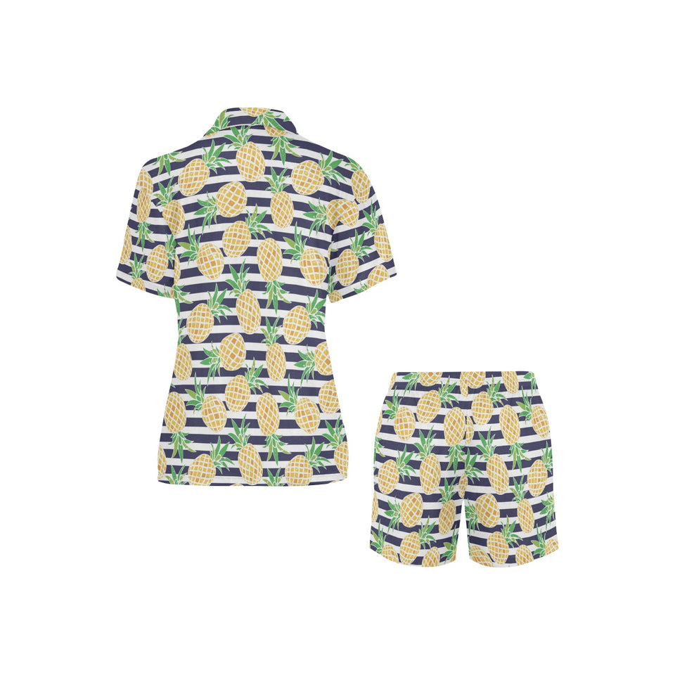 Pineapples pattern striped background Women's V-Neck Short Pajama Set