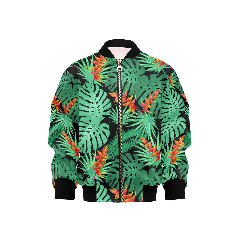 heliconia flower palm monstera leaves black backgr Kids' Boys' Girls' Bomber Jacket