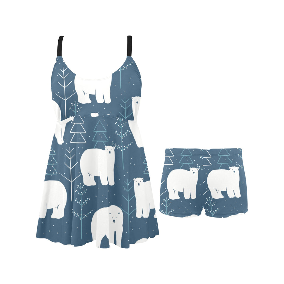 polar bear mother her child pattern Chest Sexy Pleated Two Piece Swim Dress