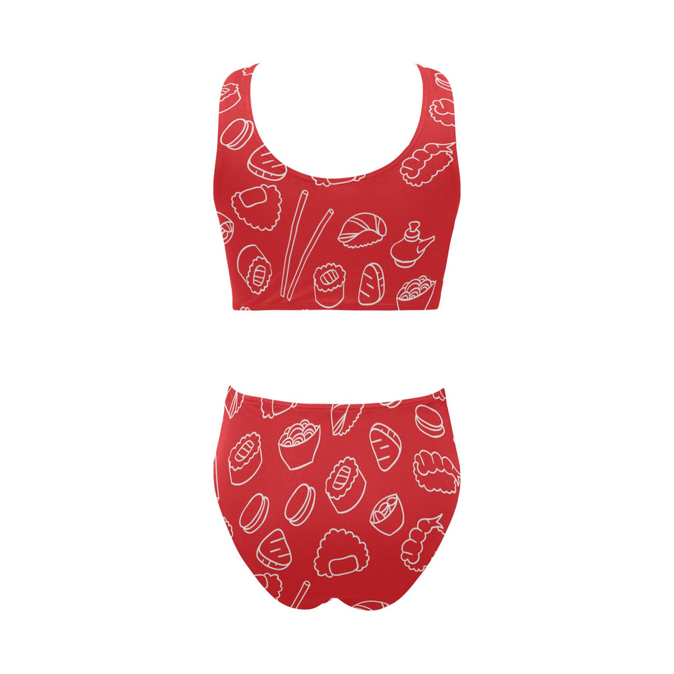 sushi pattern red background Chest Bowknot High Waisted Bikini Swimsuit