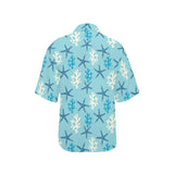 Blue starfish coral reef pattern Women's All Over Print Hawaiian Shirt