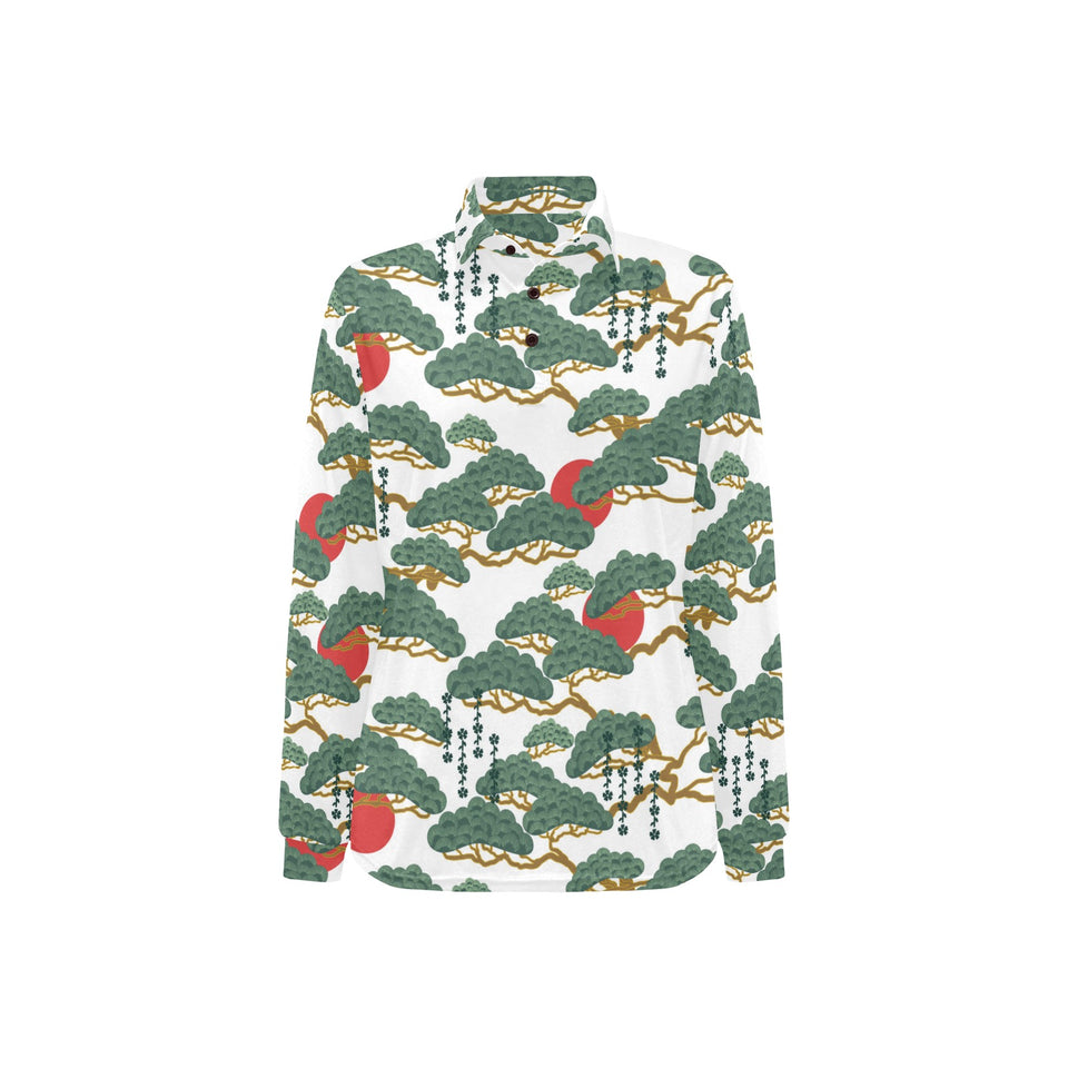 Bonsai red sun japanese pattern Women's Long Sleeve Polo Shirt