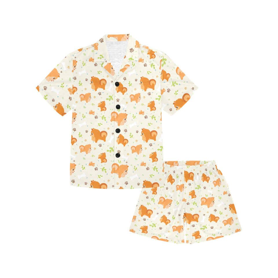 Cute brown pomeranian paw leave bone pattern Kids' Boys' Girls' V-Neck Short Pajama Set