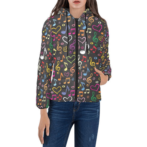 Music Notes Pattern Print Design 02 Women's Padded Hooded Jacket
