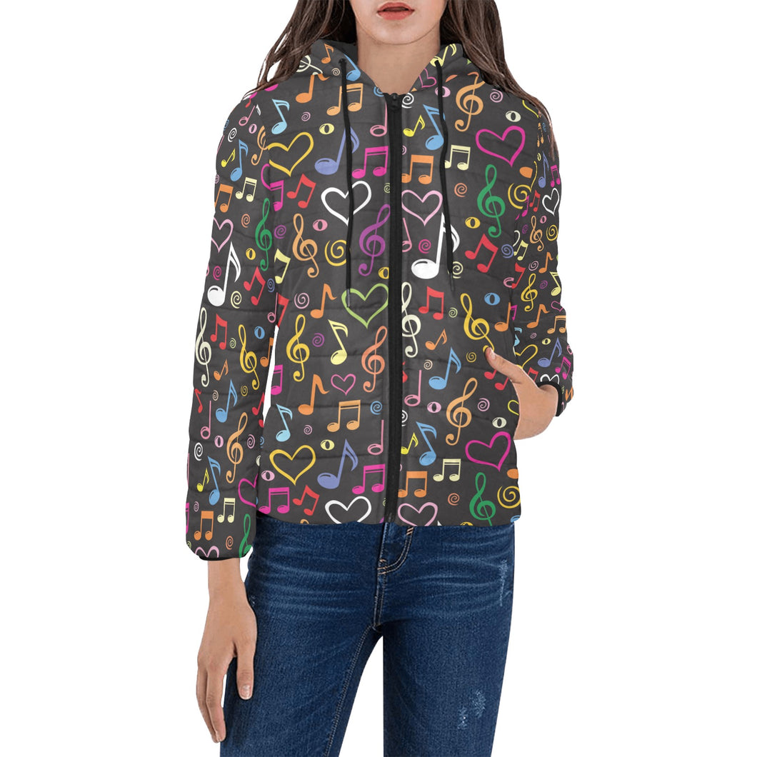 Music Notes Pattern Print Design 02 Women's Padded Hooded Jacket