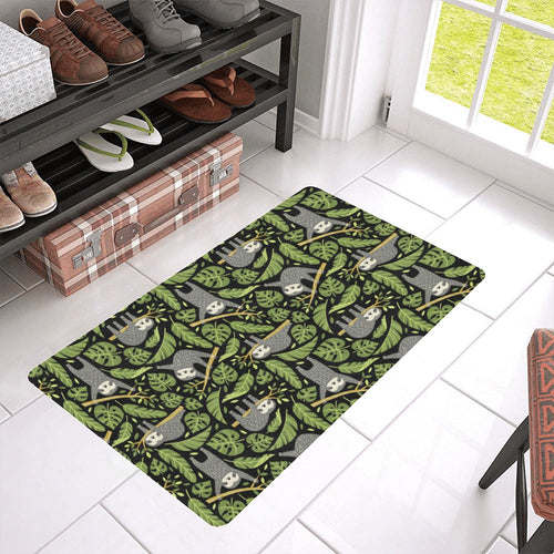 Cute sloths tropical palm leaves black background Doormat