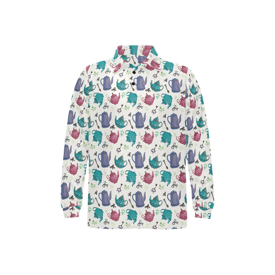 Tea pots Pattern Print Design 05 Men's Long Sleeve Polo Shirt
