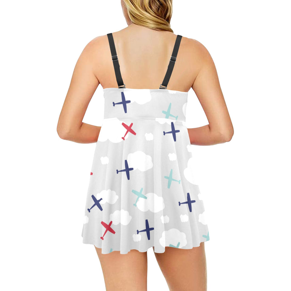 Airplane cloud grey background Chest Sexy Pleated Two Piece Swim Dress