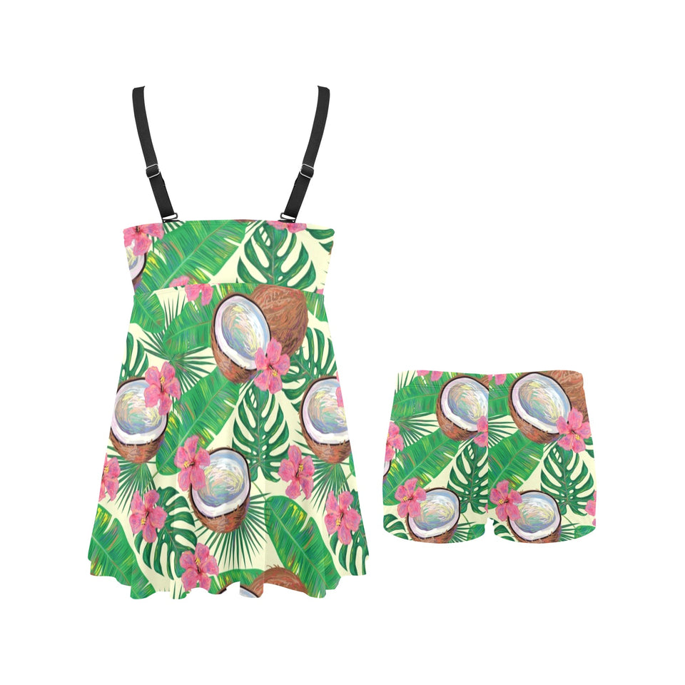 Coconut Pattern Print Design 01 Chest Sexy Pleated Two Piece Swim Dress