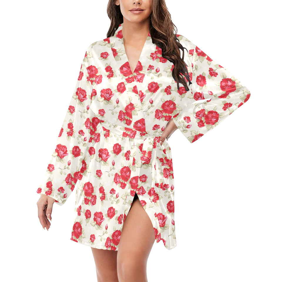 Rose Pattern Print Design 01 Women's Long Sleeve Belted Night Robe