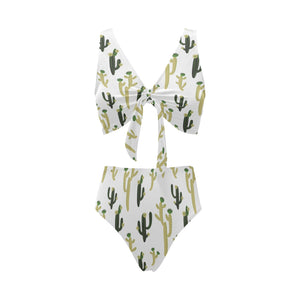 Cute cactus pattern Chest Bowknot High Waisted Bikini Swimsuit