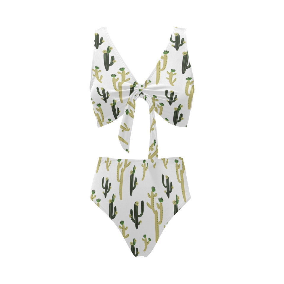Cute cactus pattern Chest Bowknot High Waisted Bikini Swimsuit