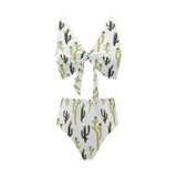 Cute cactus pattern Chest Bowknot High Waisted Bikini Swimsuit