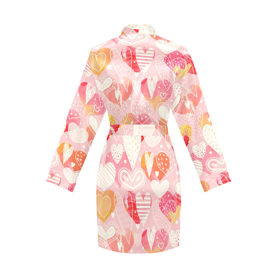 Hand drawn heart design pattern Women's Long Sleeve Belted Night Robe