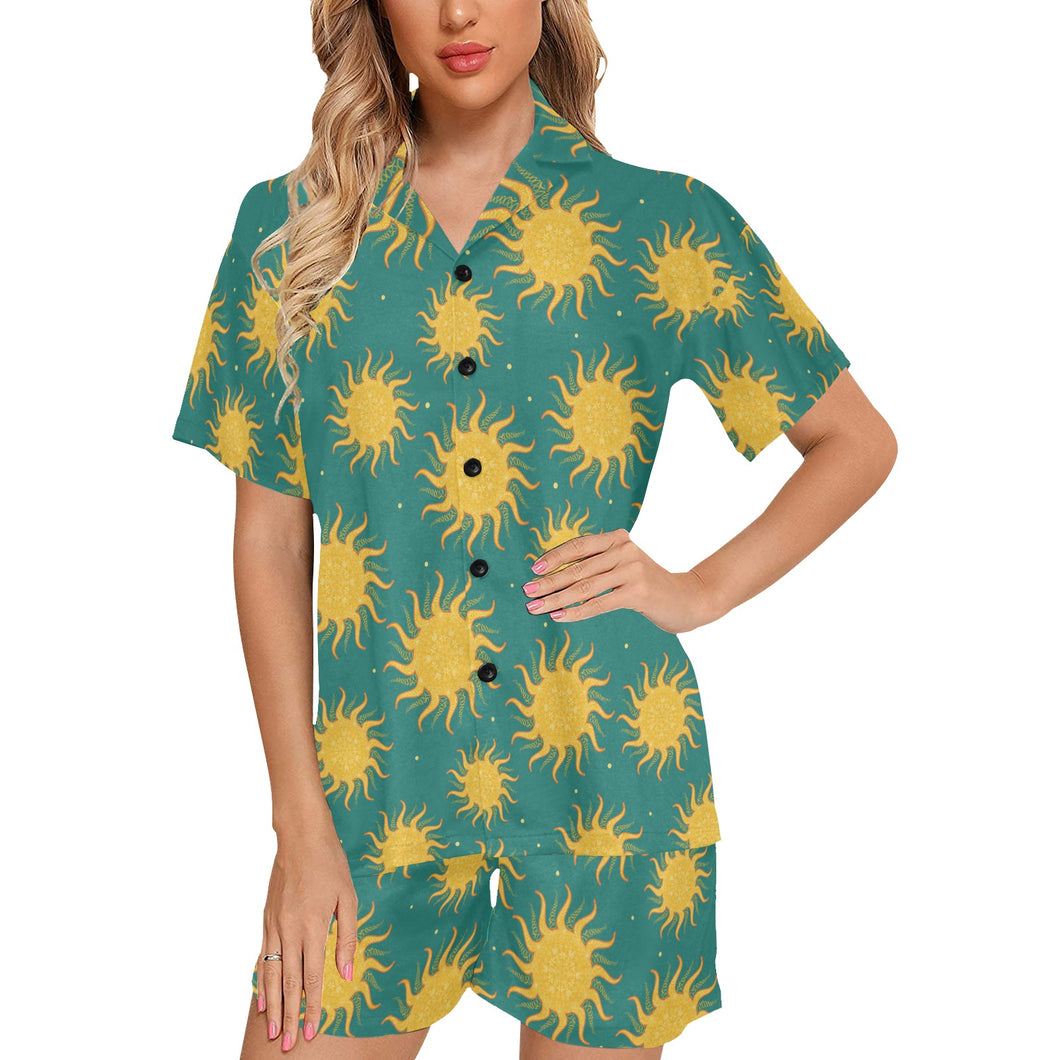 Sun green background Women's V-Neck Short Pajama Set