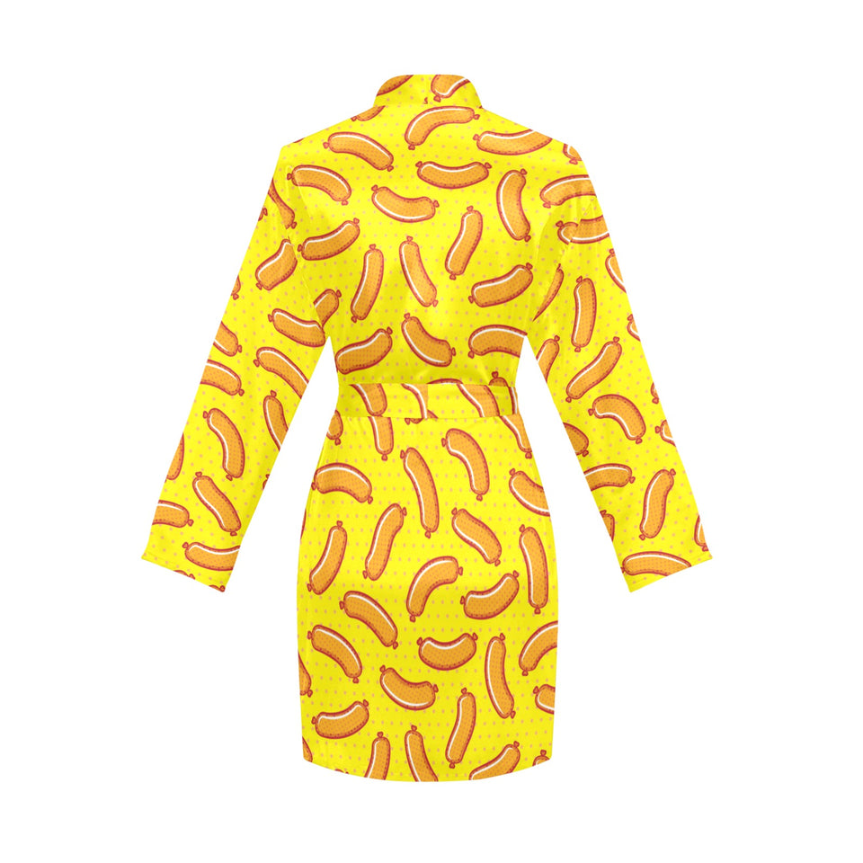 Sausage Pattern Print Design 01 Women's Long Sleeve Belted Night Robe