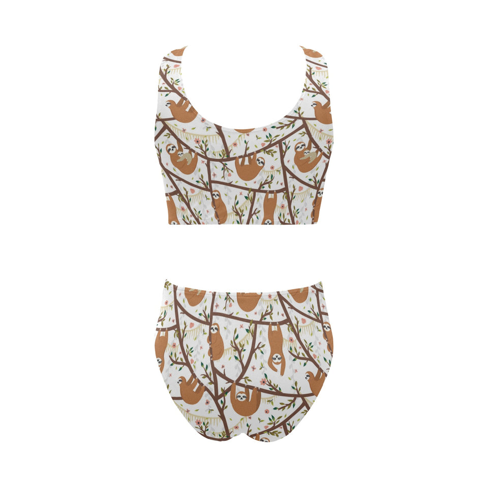 Sloths hanging on the tree pattern Chest Bowknot High Waisted Bikini Swimsuit