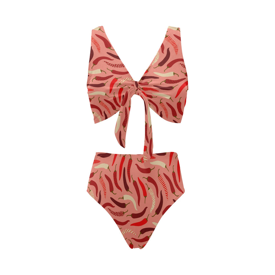 Beautiful Chili peppers pattern Chest Bowknot High Waisted Bikini Swimsuit