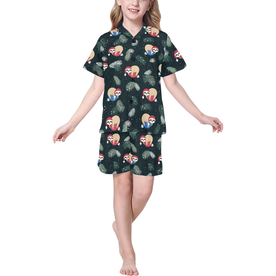 Cute sloths sleeping christmas ball santa hat patt Kids' Boys' Girls' V-Neck Short Pajama Set