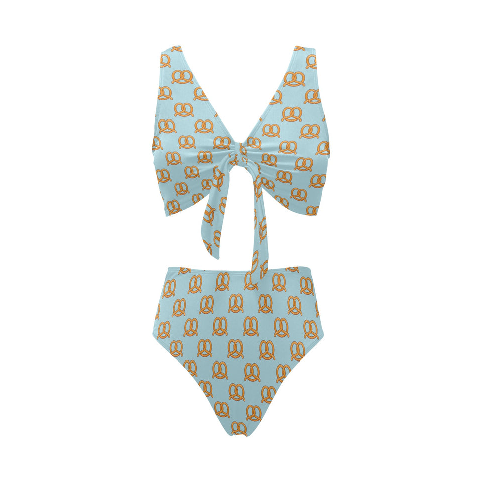 Pretzels Pattern Print Design 03 Chest Bowknot High Waisted Bikini Swimsuit