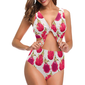 dragon fruits design pattern Chest Bowknot High Waisted Bikini Swimsuit