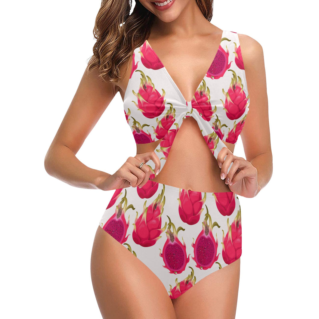 dragon fruits design pattern Chest Bowknot High Waisted Bikini Swimsuit