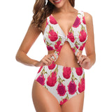 dragon fruits design pattern Chest Bowknot High Waisted Bikini Swimsuit