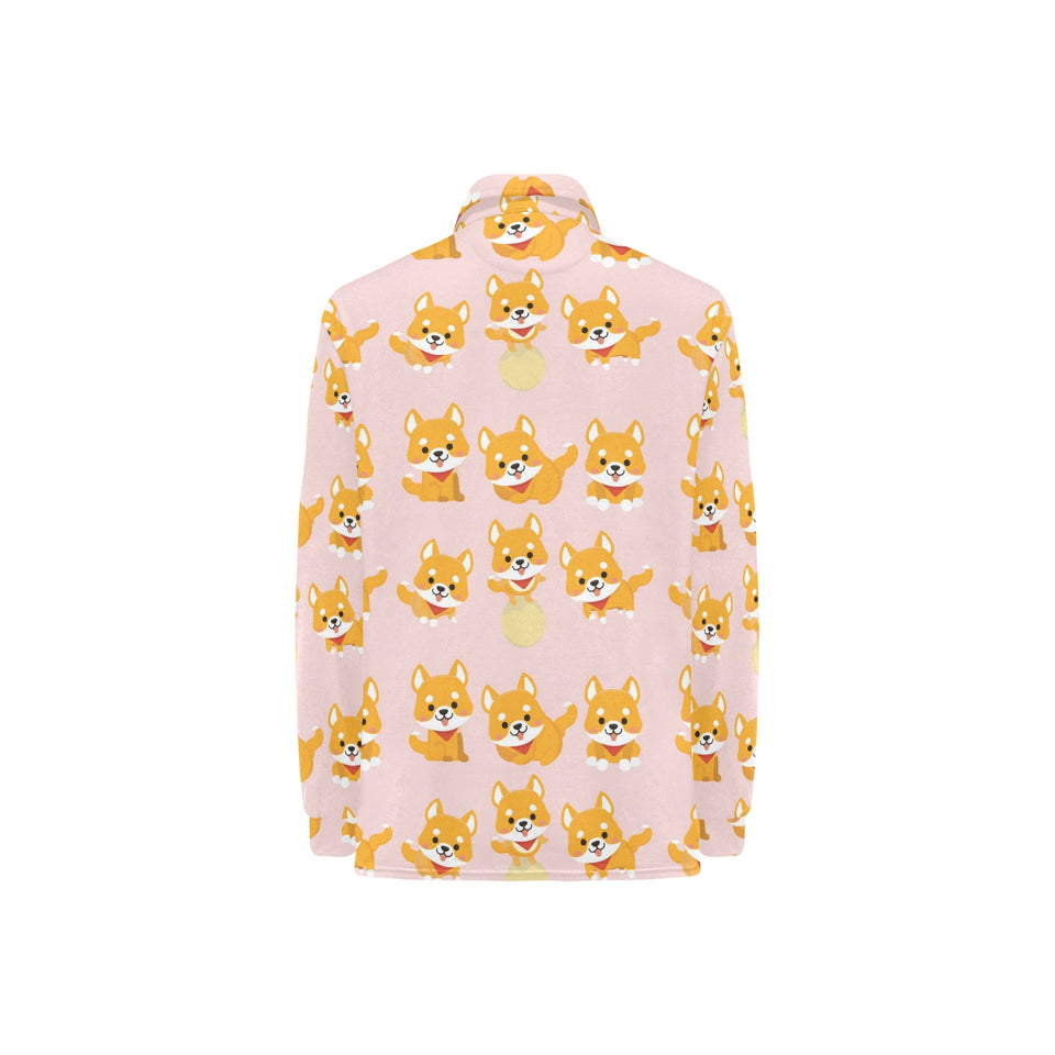 Cute shiba inu dog pattern Women's Long Sleeve Polo Shirt