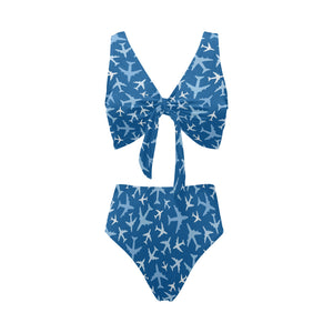 Airplane pattern in the sky Chest Bowknot High Waisted Bikini Swimsuit