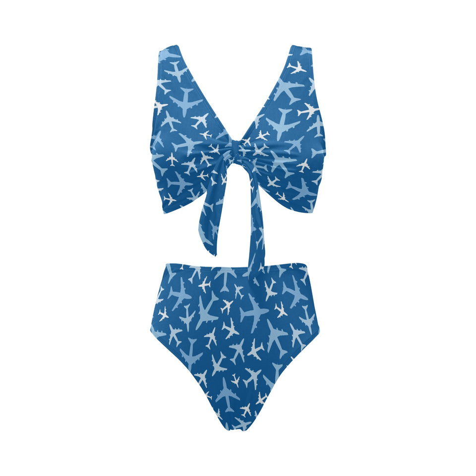Airplane pattern in the sky Chest Bowknot High Waisted Bikini Swimsuit