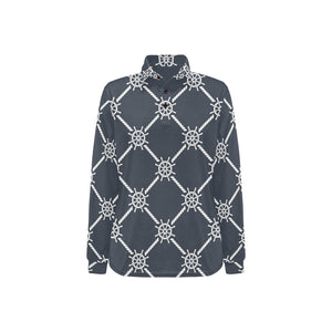 nautical steering wheel rope pattern Women's Long Sleeve Polo Shirt