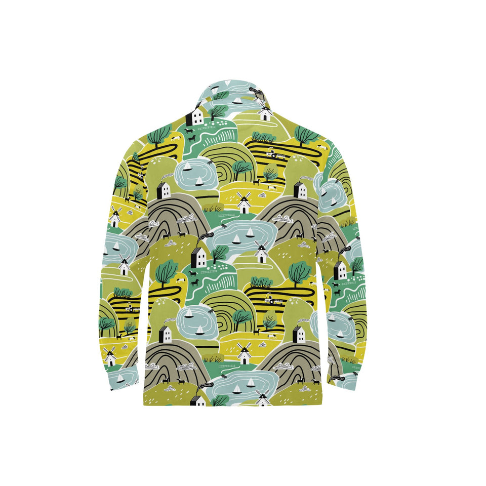 Hand drawn windmill pattern Men's Long Sleeve Polo Shirt