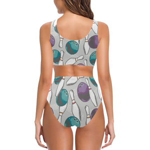 Bowling ball and pin gray background Chest Bowknot High Waisted Bikini Swimsuit