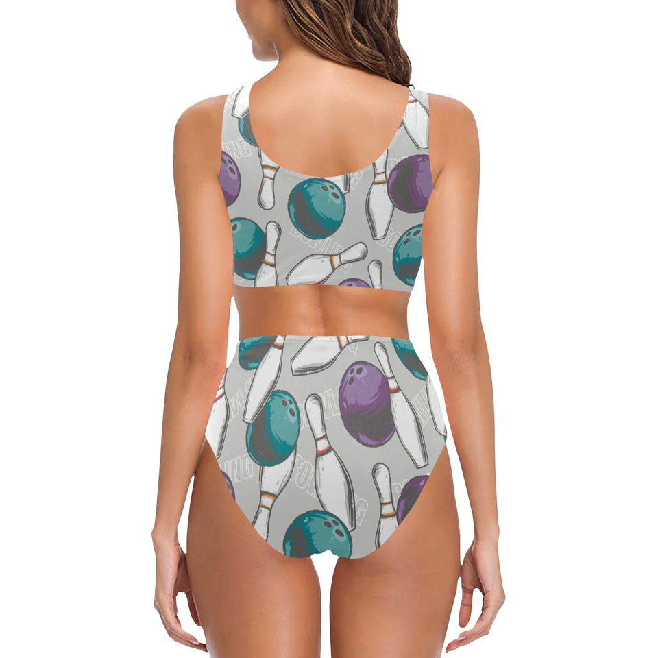 Bowling ball and pin gray background Chest Bowknot High Waisted Bikini Swimsuit