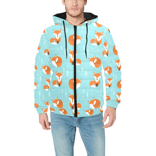 Fox pattern blue b ackground Men's Padded Hooded Jacket