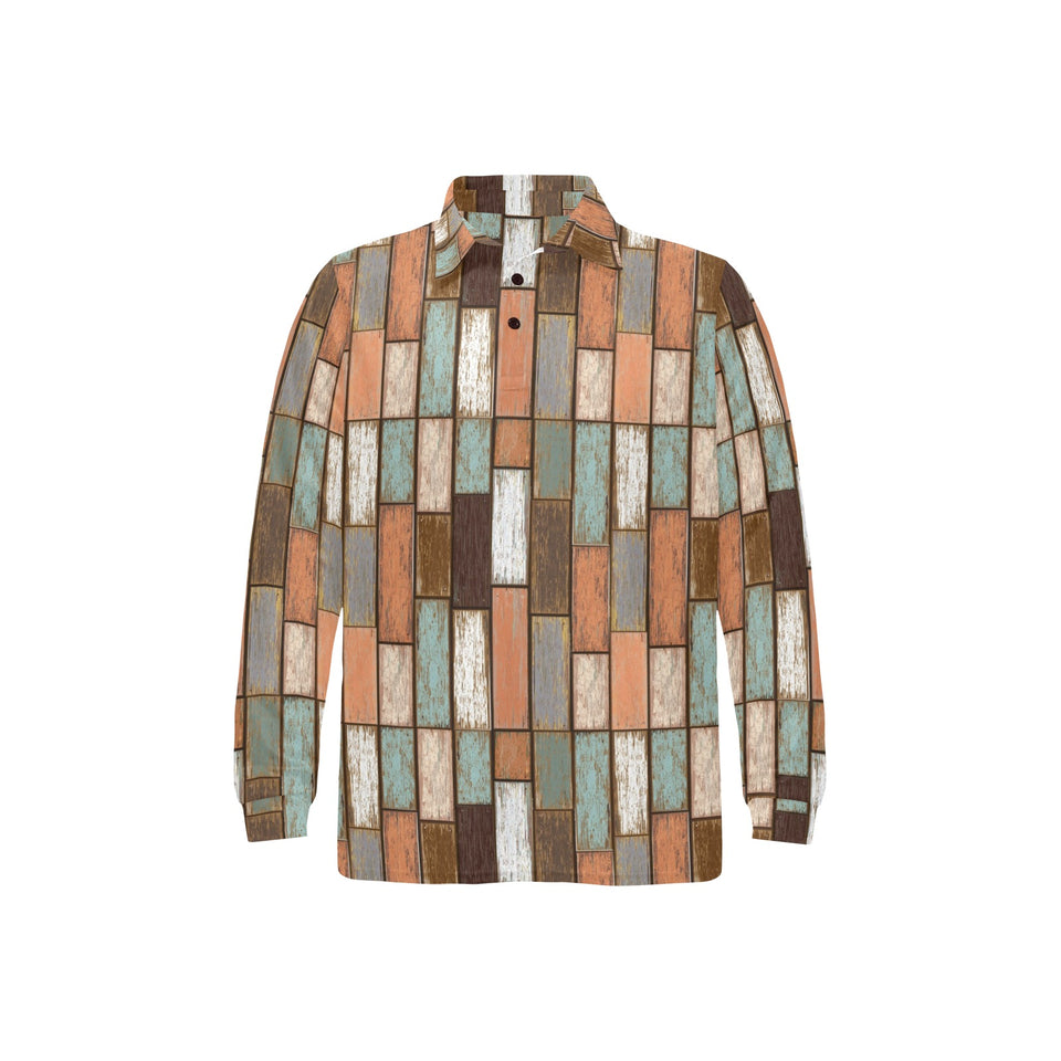 Wood Printed Pattern Print Design 02 Men's Long Sleeve Polo Shirt