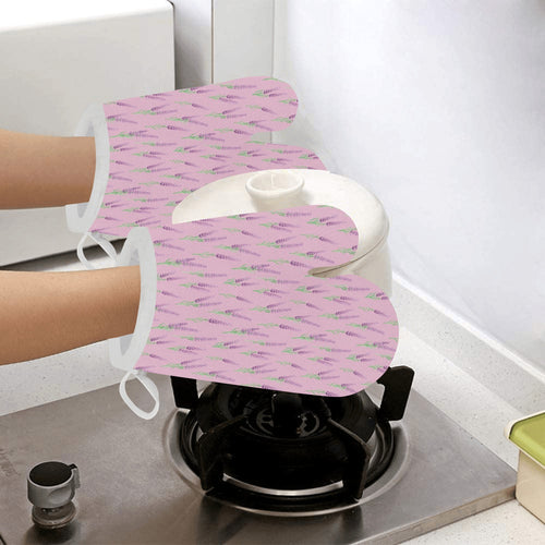 Lavender pattern pink background Heat Resistant Oven Mitts