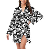 Black white camouflage pattern Women's Long Sleeve Belted Night Robe