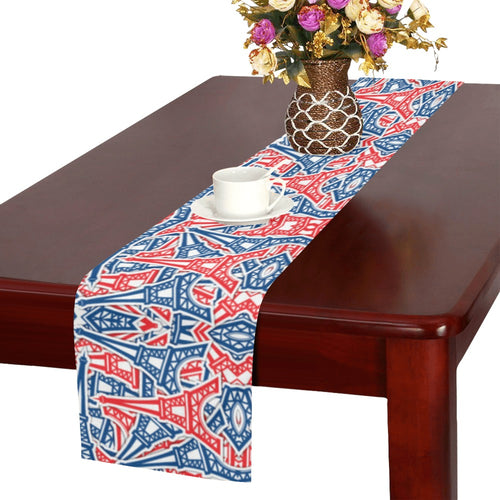 Blue Red Eiffel Tower Pattern Print Design 02 Table Runner