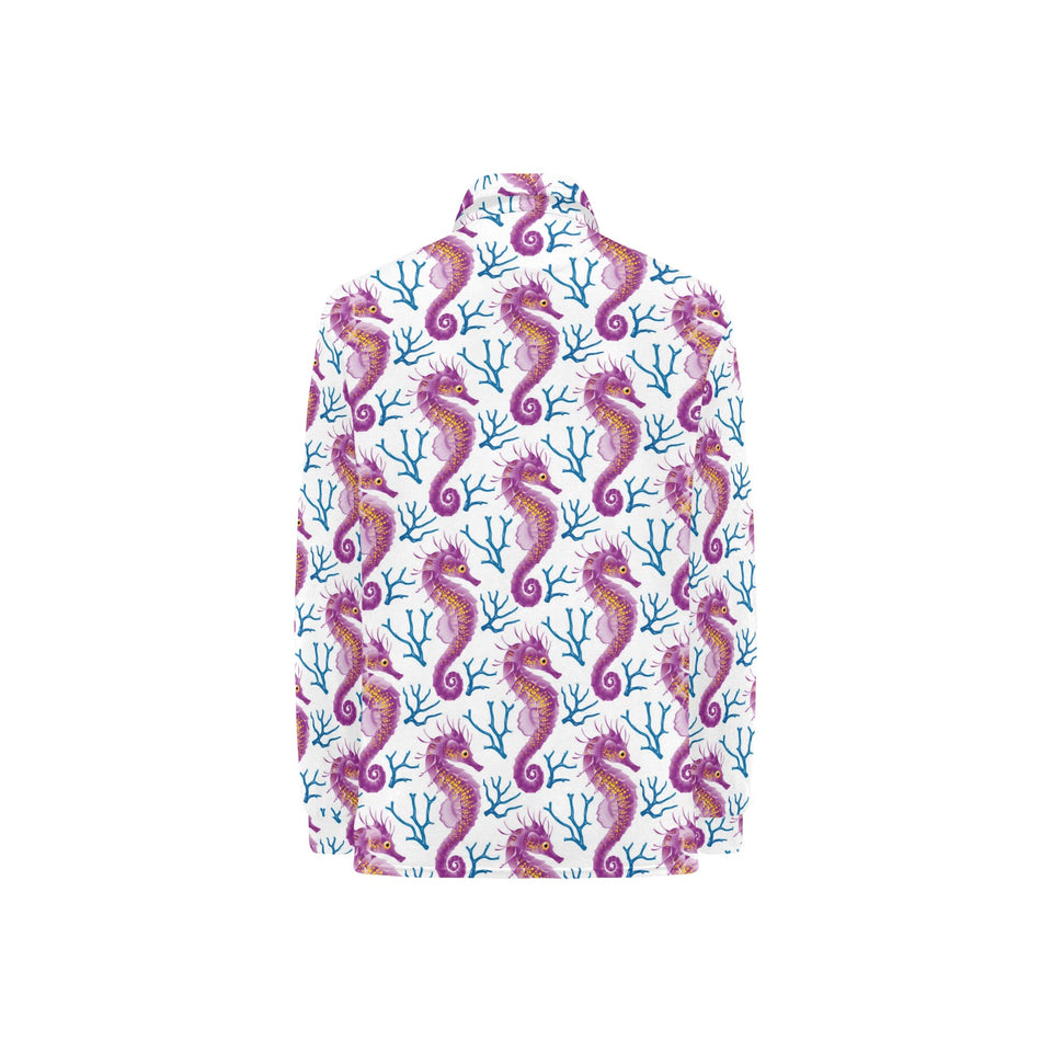 Purple seahorse blue coral pattern Women's Long Sleeve Polo Shirt
