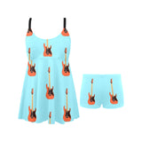 electric guitar pattern light blue background Chest Sexy Pleated Two Piece Swim Dress