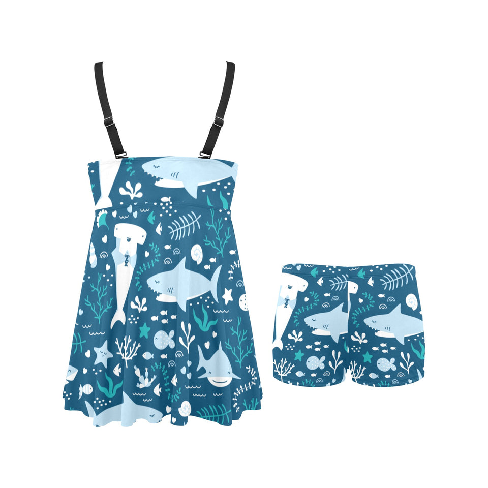 Cute shark pattern Chest Sexy Pleated Two Piece Swim Dress