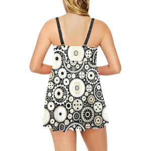 Gear Pattern Print Design 02 Chest Sexy Pleated Two Piece Swim Dress