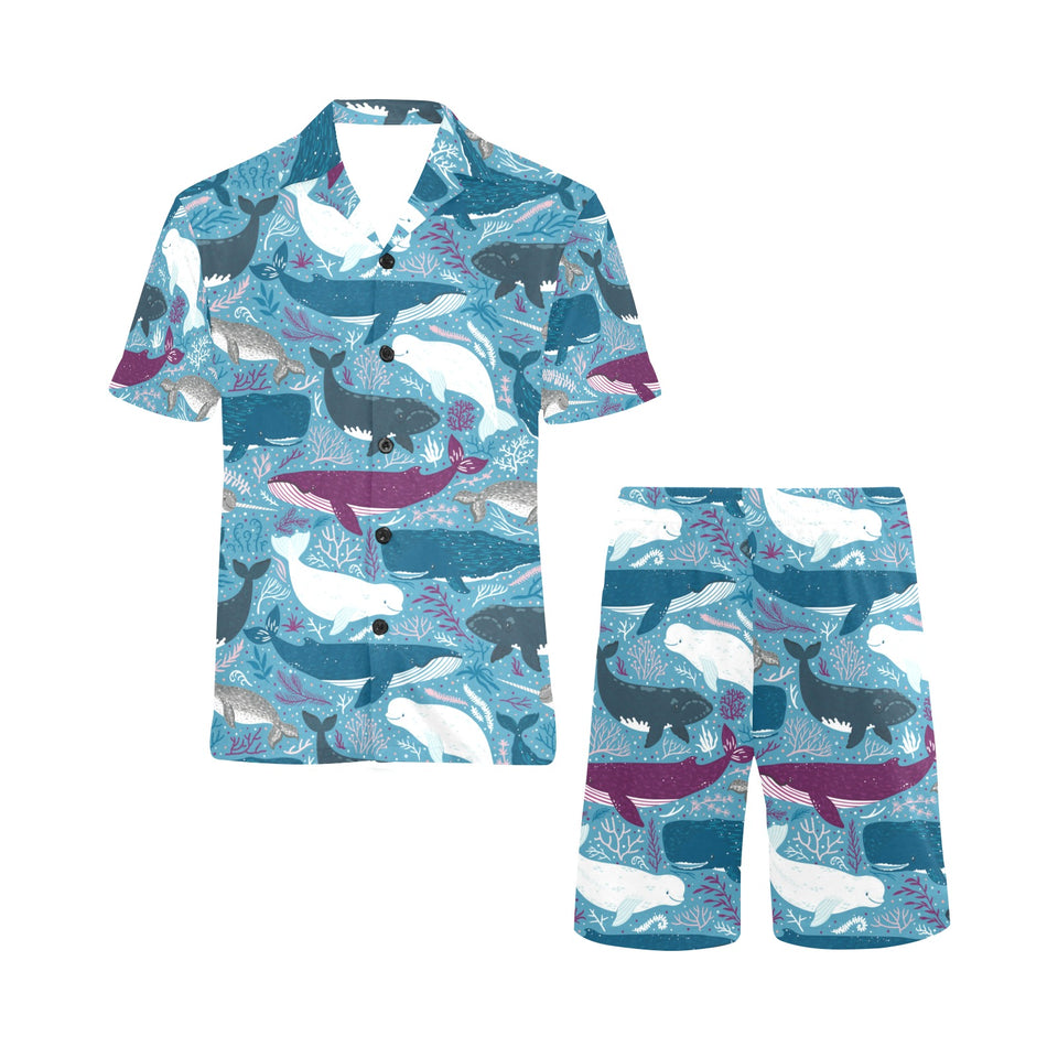 Whale design pattern Men's V-Neck Short Pajama Set