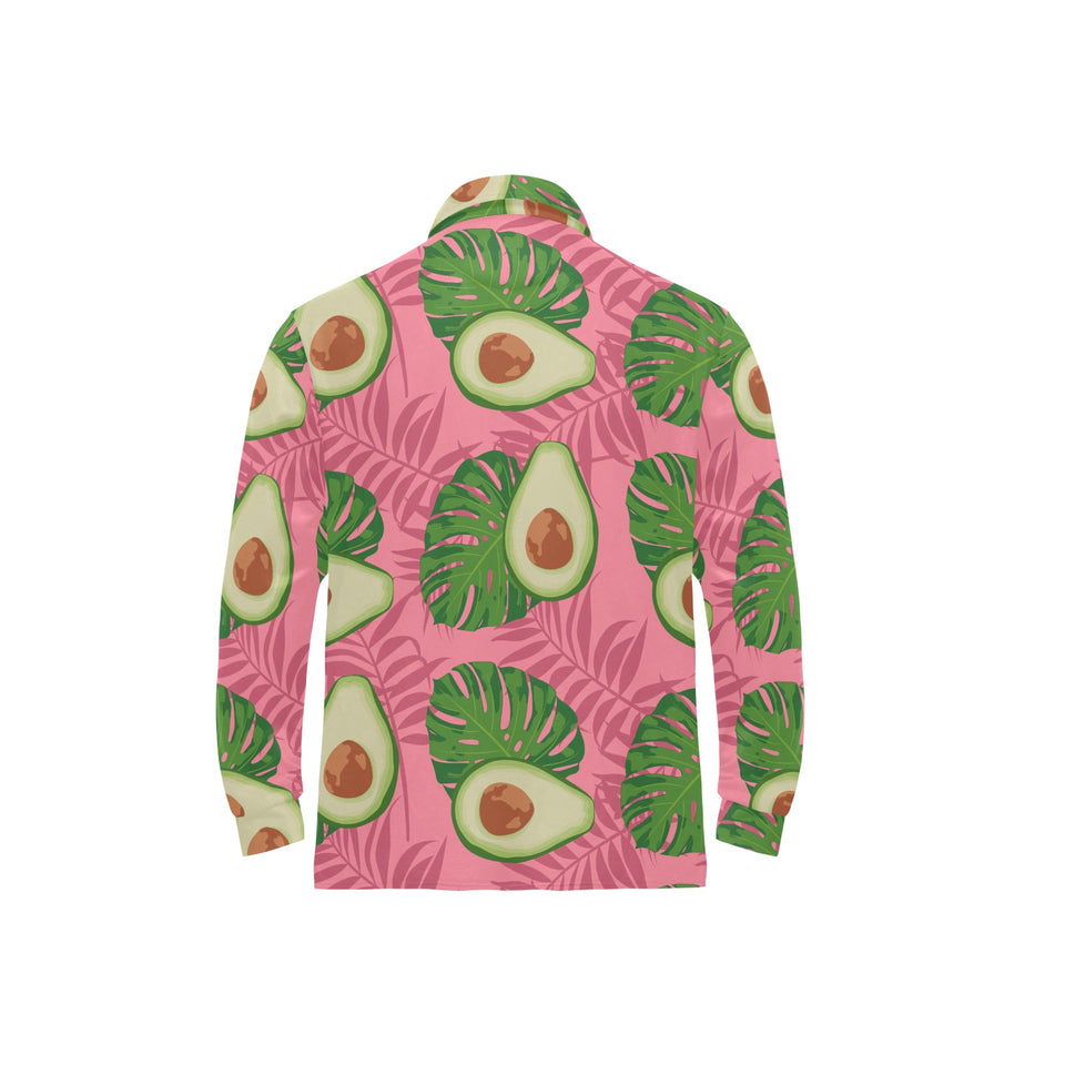 Avocado slices leaves pink back ground Men's Long Sleeve Polo Shirt