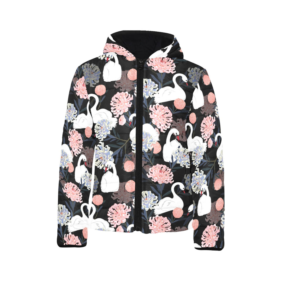 white swan blooming flower pattern Kids' Boys' Girls' Padded Hooded Jacket