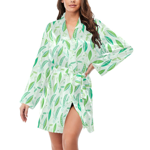 Green Peas Pattern Print Design 01 Women's Long Sleeve Belted Night Robe